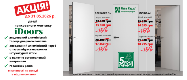 Акція на колекцію Idoors в наявності на складі та під замовлення до 31.05.2026 р.